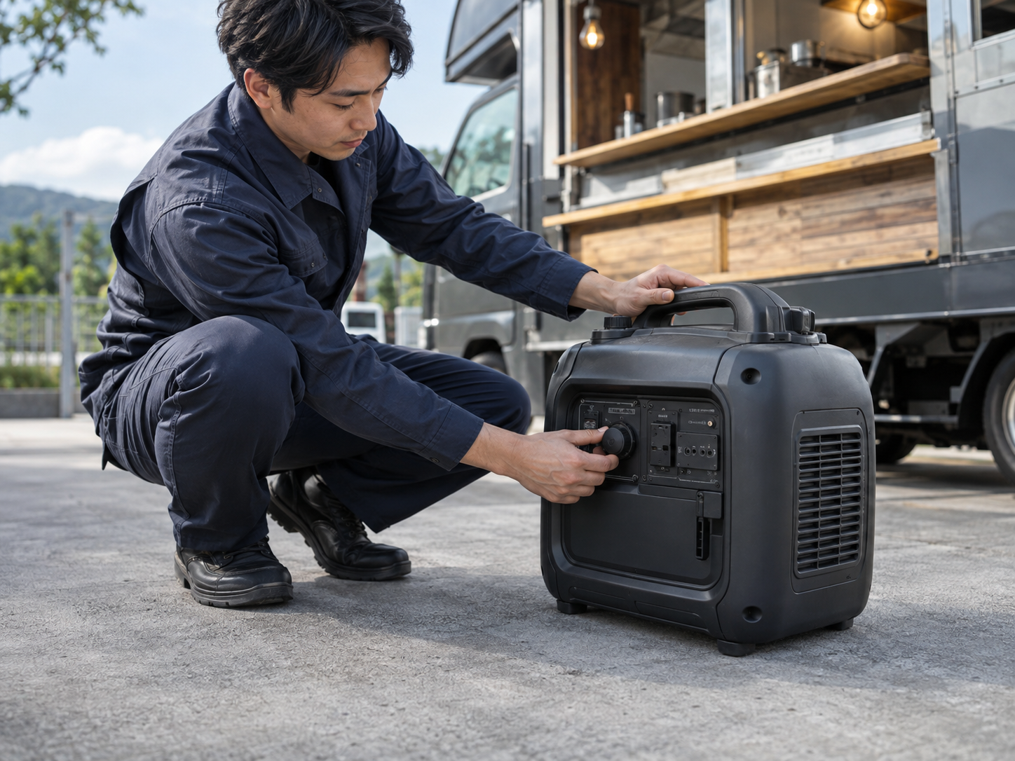 キッチンカーの屋外で発電機を操作・点検するスタッフ（AI生成イメージ）