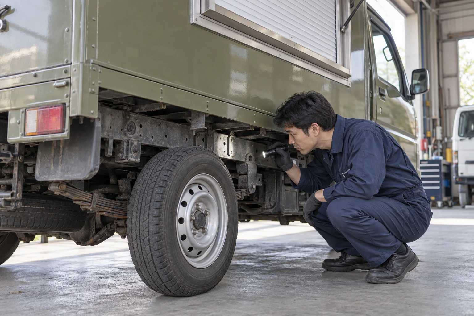 ライトで中古キッチンカーのフレームと足回りを確認する様子（AI生成イメージ）