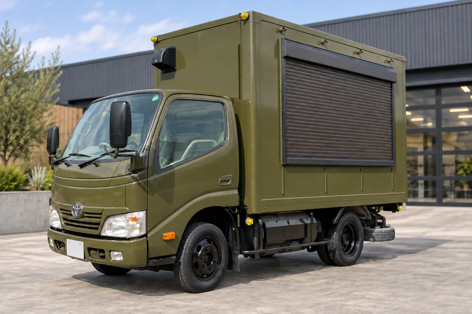 シャッター式キッチンカーの車両と販売窓（AI生成イメージ）