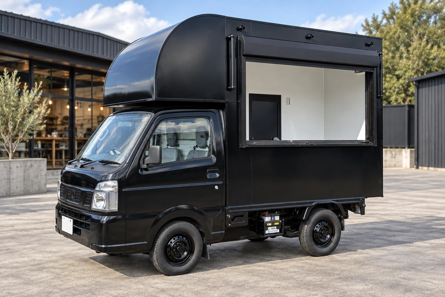 軽トラック型のシャッター式キッチンカー（クラスのAI生成イメージ）