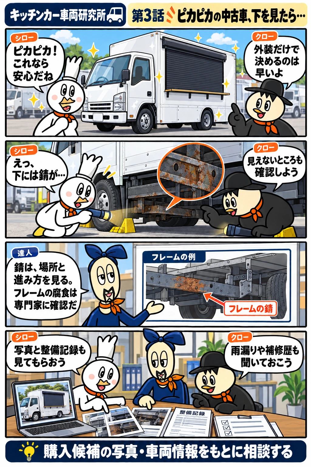 第3話 ピカピカの中古車、下を見たら…。セリフのテキストは下にあります。